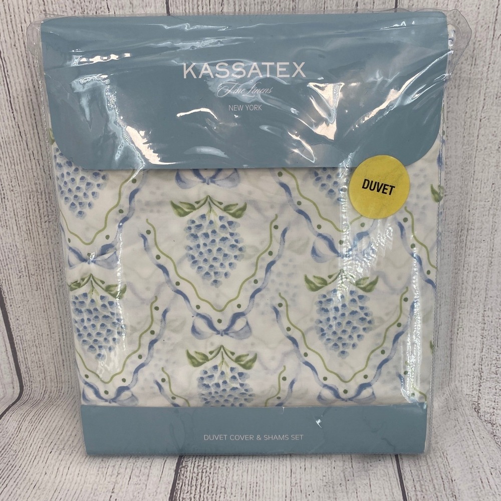 Kassatex Duvet Cover Set KING White Blue Floral Cotton Percale 300TC Hydrangea